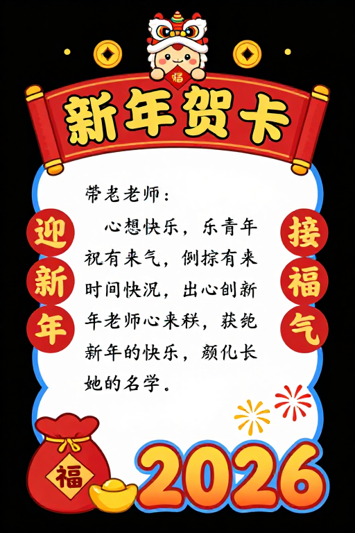 喜庆新年贺卡：舞狮小马送福气