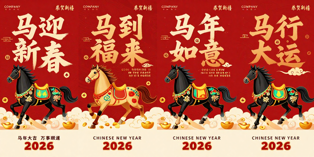 马年书法新年海报系列，红金中国风设计