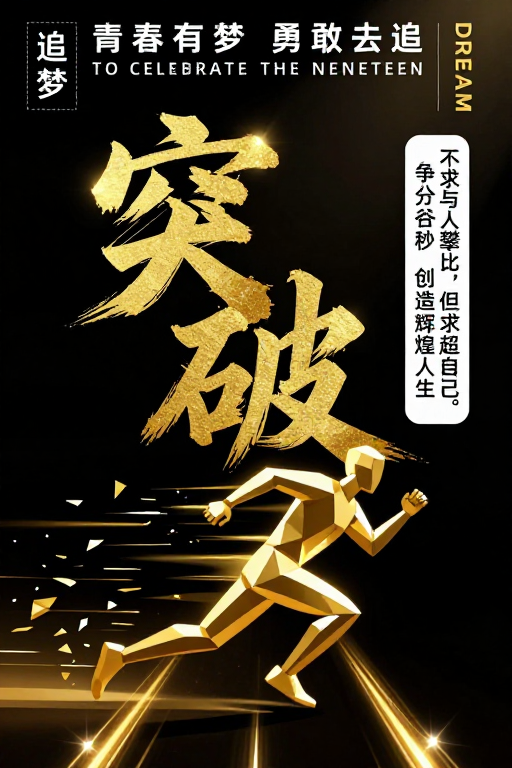 黑金金属质感励志海报：突破与青春梦想