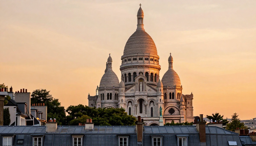 巴黎圣心大教堂日落金色光辉摄影