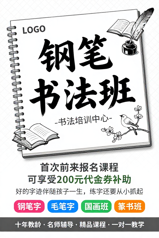 钢笔书法班手绘风招生海报