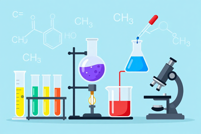扁平科学实验海报:色彩鲜明的实验室器材与化学反应