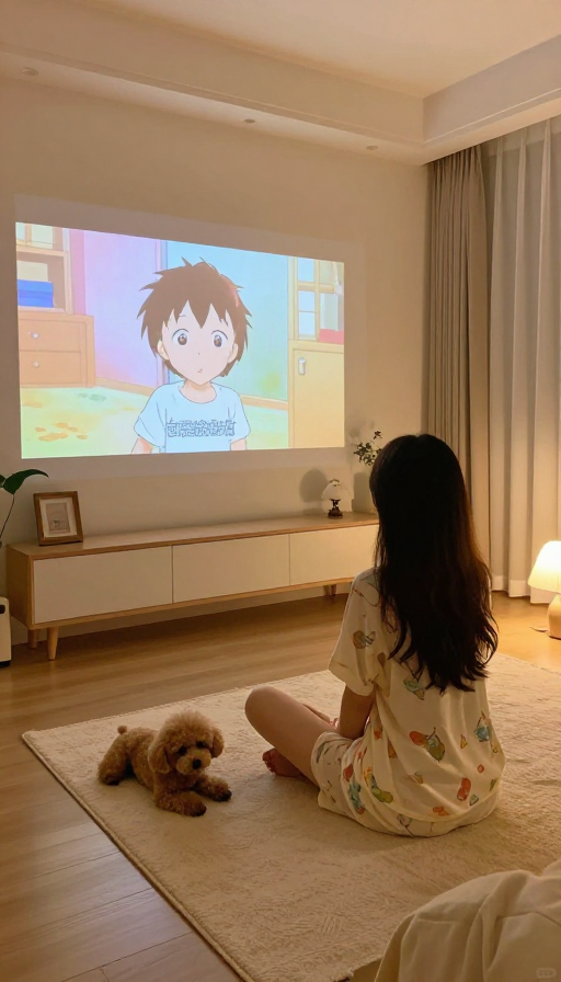温馨居家:长发少女与泰迪看投影的动漫夜景