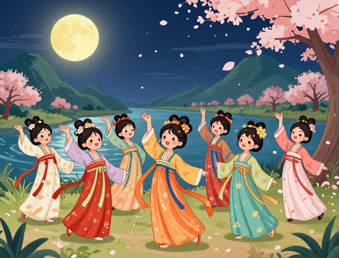 月夜汉服舞：卡通浪漫樱花河畔欢舞
