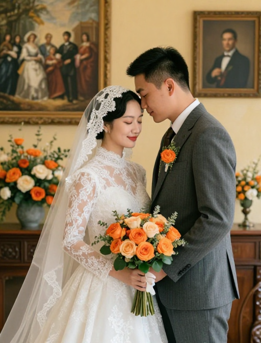 亚洲婚礼亲密瞬间：柔光婚纱与古典背景