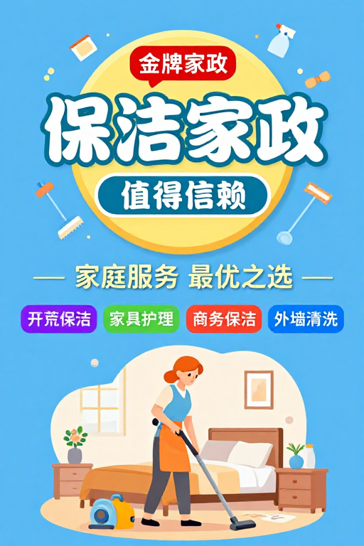 清新明快蓝黄配色家政服务扁平插画海报