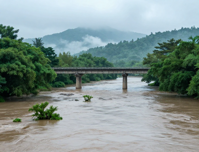 浑浊泛滥的河流：冷灰蓝调下的自然警示