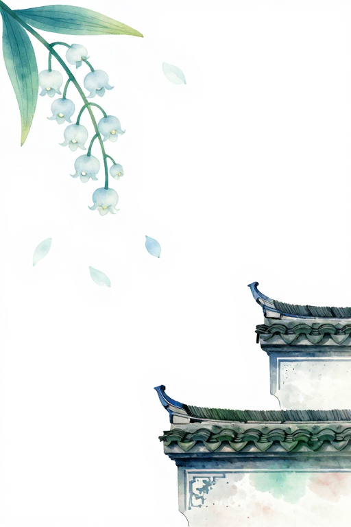 清雅水墨铃兰与徽派屋檐,东方留白意境背景