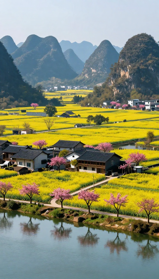 金黄油菜花海映衬古宅与喀斯特峰林