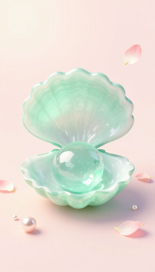 薄荷绿贝壳与蜜桃粉花瓣的梦幻浪漫插画