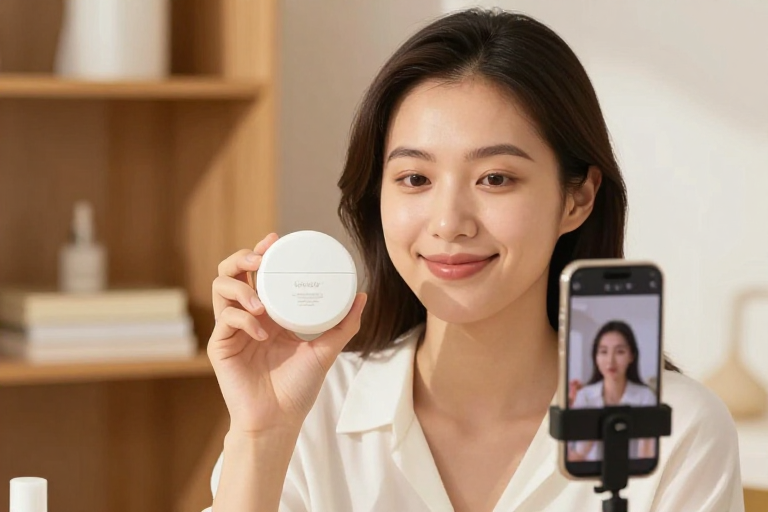 美妆直播展示：亚洲女性手持化妆品瓶微笑呈现