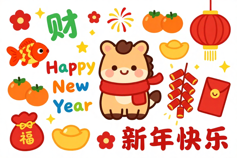 喜庆春节插画：小马与新年元素