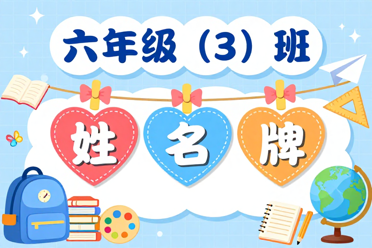 清新校园插画：六年级（3）班活力姓名牌设计