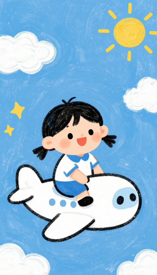 童趣蓝天：手绘蓝调儿童乘飞机插画