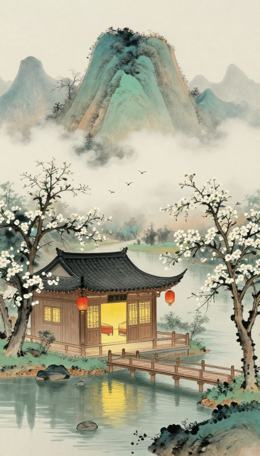 静谧中式山水：木屋灯火映湖山