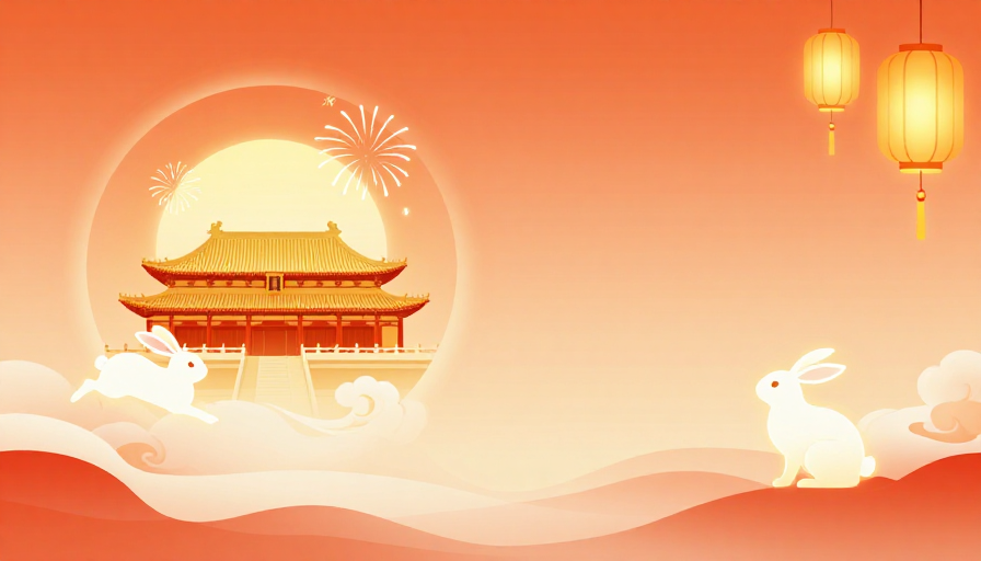 国风玉兔迎春:中秋佳节暖橙插画