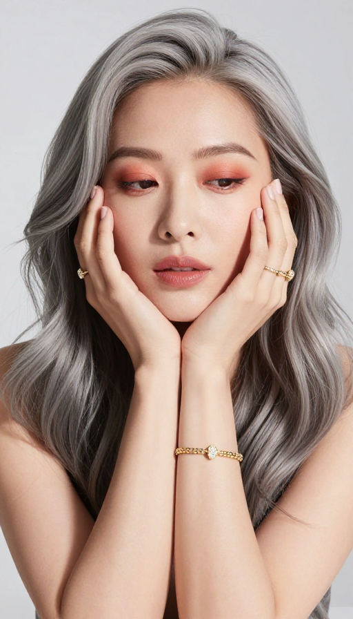 暖光勾勒柔美轮廓，银发点缀妆容精致感