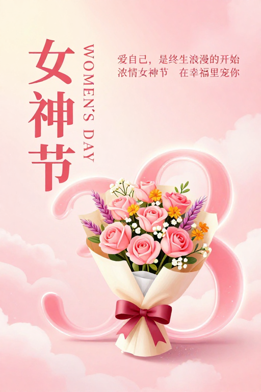 粉调浪漫女神节海报,温馨梦幻氛围