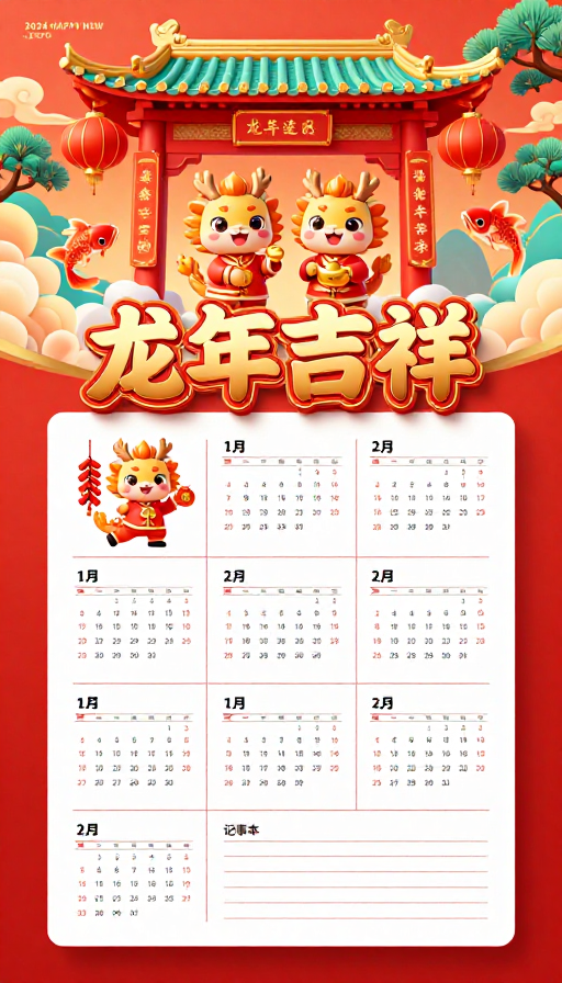 喜庆中国风龙年吉祥新年日历海报