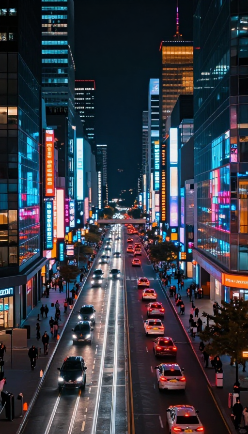 超写实繁华街道：霓虹与车流光轨交织的夜景盛宴