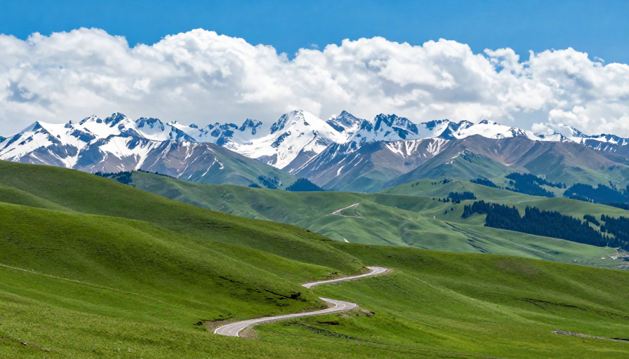 蜿蜒公路穿越翠绿草原,远眺雪山雪峰
