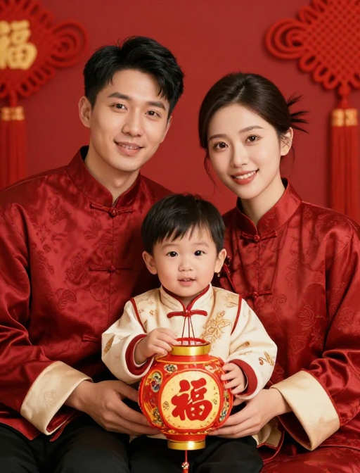 中式喜庆家庭合影:爸妈与宝宝的温馨幸福瞬间