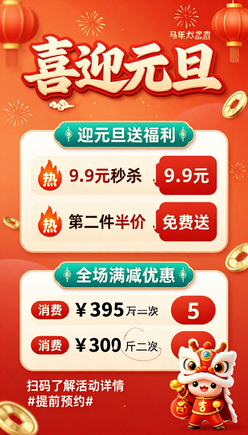 喜庆元旦促销海报：暖橙红渐变背景配书法标题与优惠信息