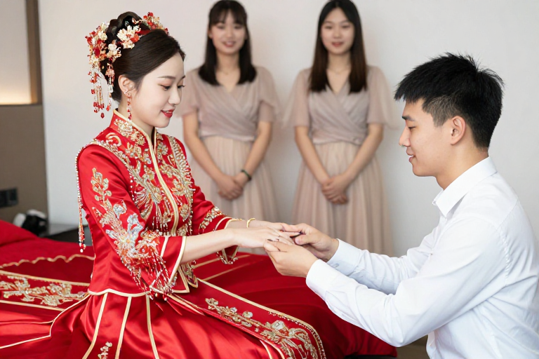 中式婚嫁:红金刺绣新娘低头佩戴戒指的深情瞬间