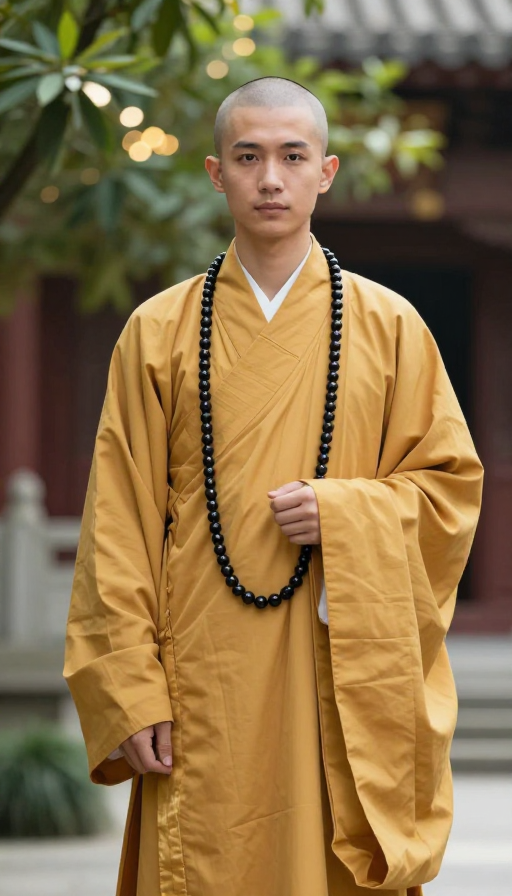 金袍持珠僧人实拍:中式禅意氛围摄影