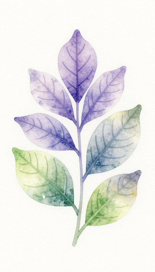 水彩治愈系暖紫嫩绿叶脉光影插画