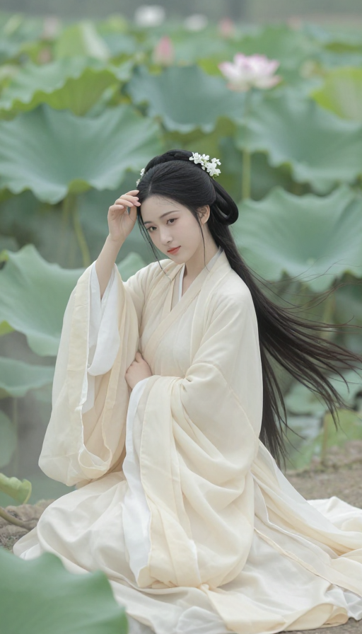 荷塘清梦：米白汉服女子的国风意境