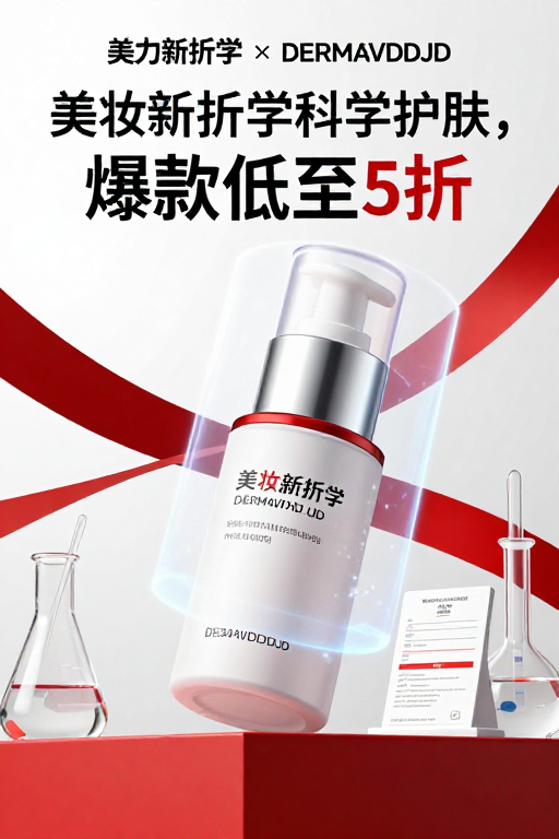 美妆新品科技感促销海报：科学护肤折扣季