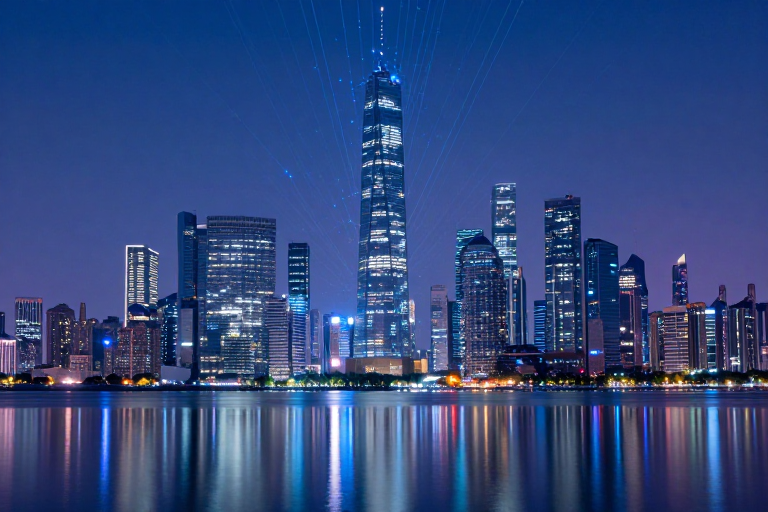 未来都市夜境:蓝紫光影中的科技天际线