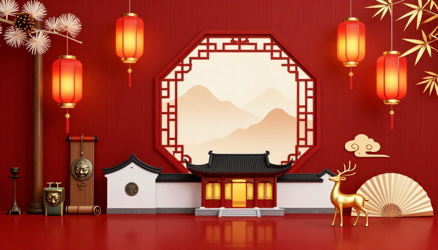 喜庆中国风红色背景插画，对称窗格与传统庭院装饰