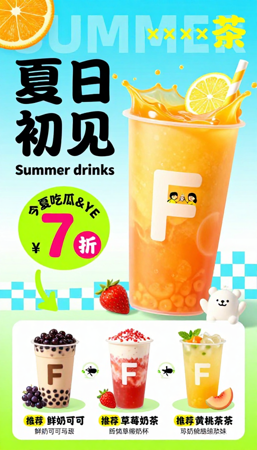 夏日初见·高饱和活力饮品促销海报