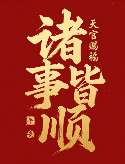 国潮风吉祥书法艺术:诸事皆顺金红祝福