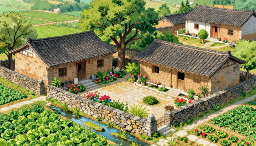 夏日中国乡村小屋:清新自然的高清插画
