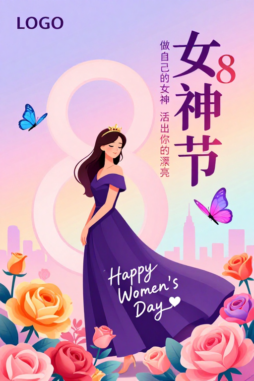 梦幻紫粉渐变·女神节插画海报