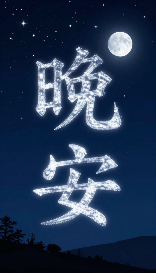 星月合璧‘晚安’：静谧夜空中的温馨数字艺术