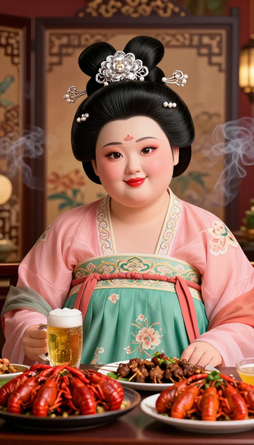 唐风少女与夜市美食:超现实可爱肖像