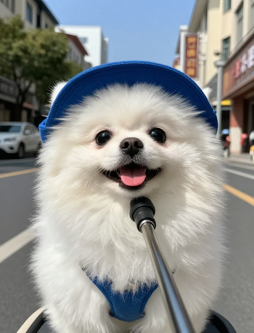 蓝帽博美犬自拍：生动街头互动瞬间