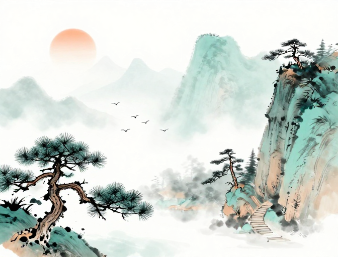 青绿山水意境留白水墨画