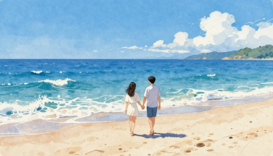 东方治愈：海边情侣背影的水彩意境