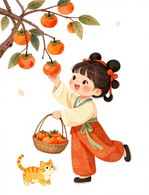 唐风童趣：手绘柿篮与萌猫