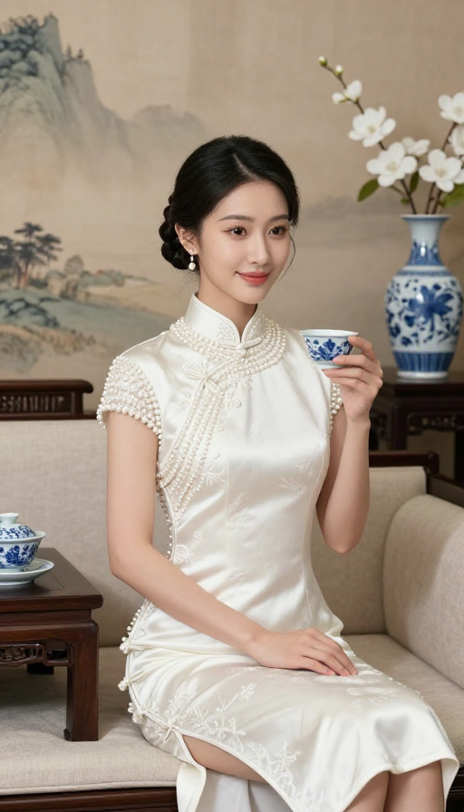 中式美学：优雅旗袍女子与山水茶韵