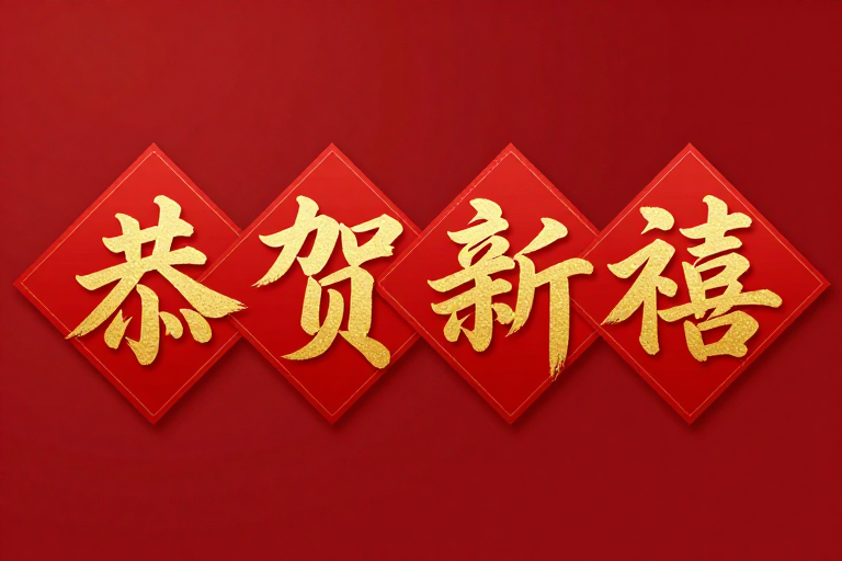 红色菱形金色书法恭贺新禧新年祝福图