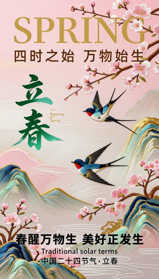 粉金绿中国风立春海报，苏绣质感节气设计