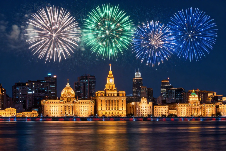 璀璨夜景:外滩万国建筑群映辉彩焰盛放