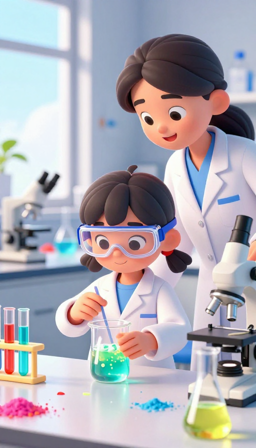 卡通母子科学实验的温馨实验室互动瞬间