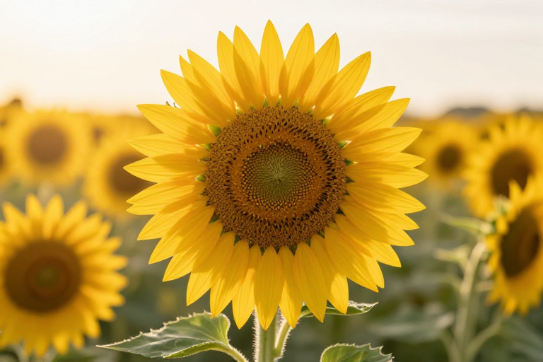 逆光晨曦下的盛开向日葵：金黄花海的温暖特写